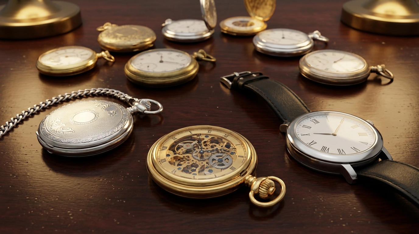 Een selectie van de beste zakhorloges, klassiek en modern, op een houten tafel.