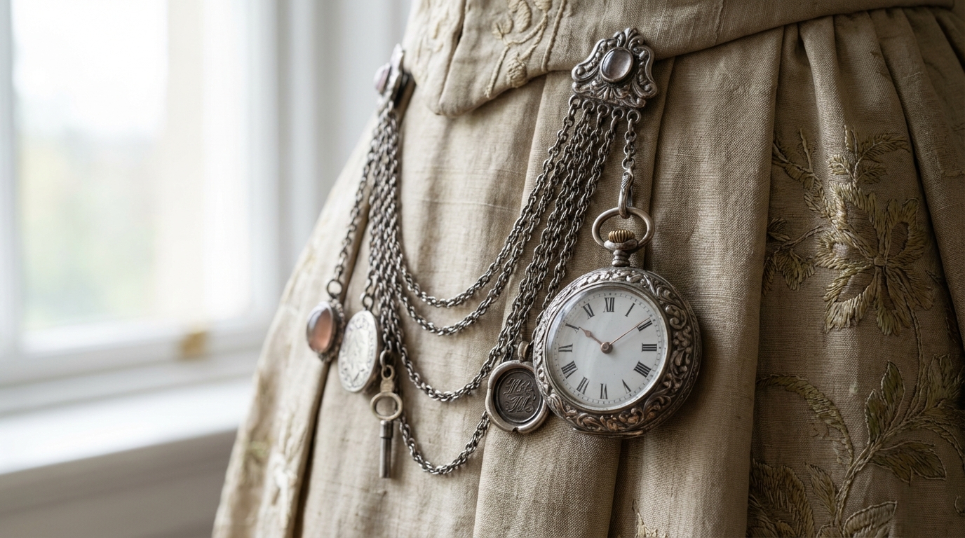 Een antiek zilveren chatelaine zakhorloge, gedragen aan de taille van een elegante jurk, dat de rijke geschiedenis van dit sieraad toont.