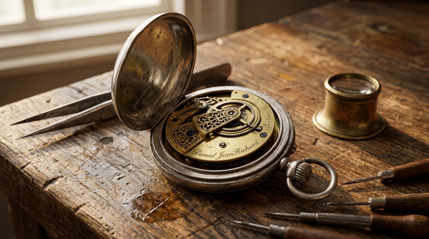 Een antiek Daniel JeanRichard zakhorloge op de werkbank van een horlogemaker, met zicht op het complexe uurwerk.