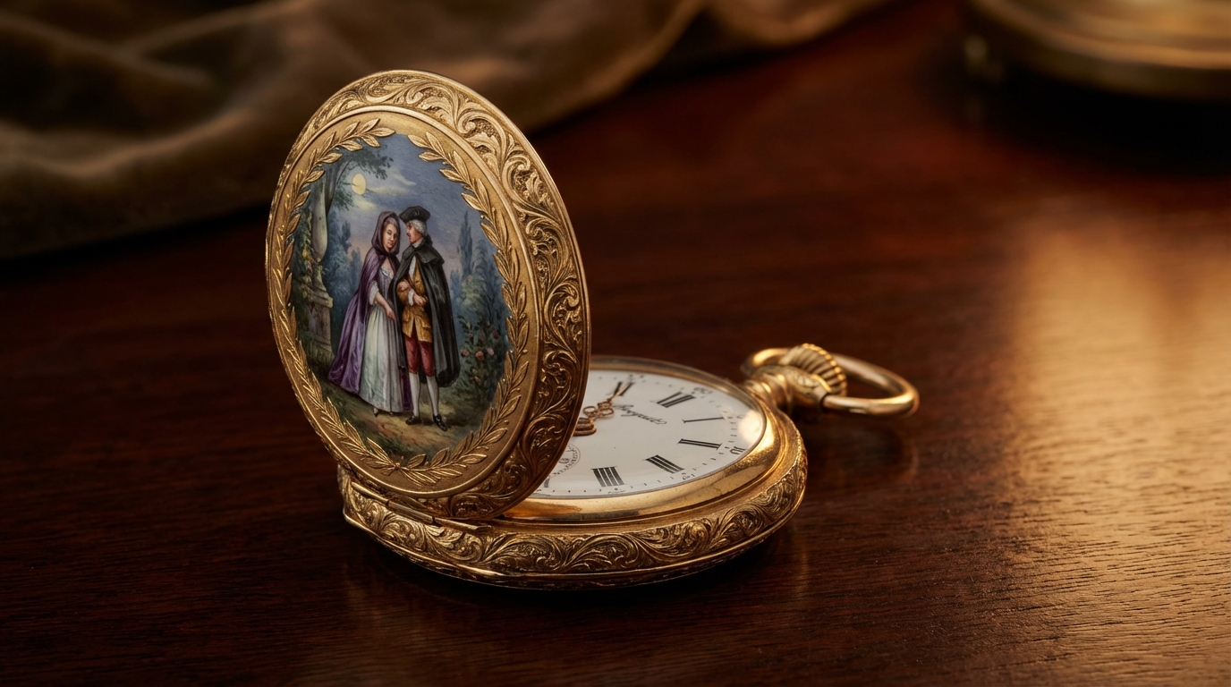 Een antiek erotische zakhorloge in goud, half geopend om een verfijnde emaille miniatuur te onthullen.