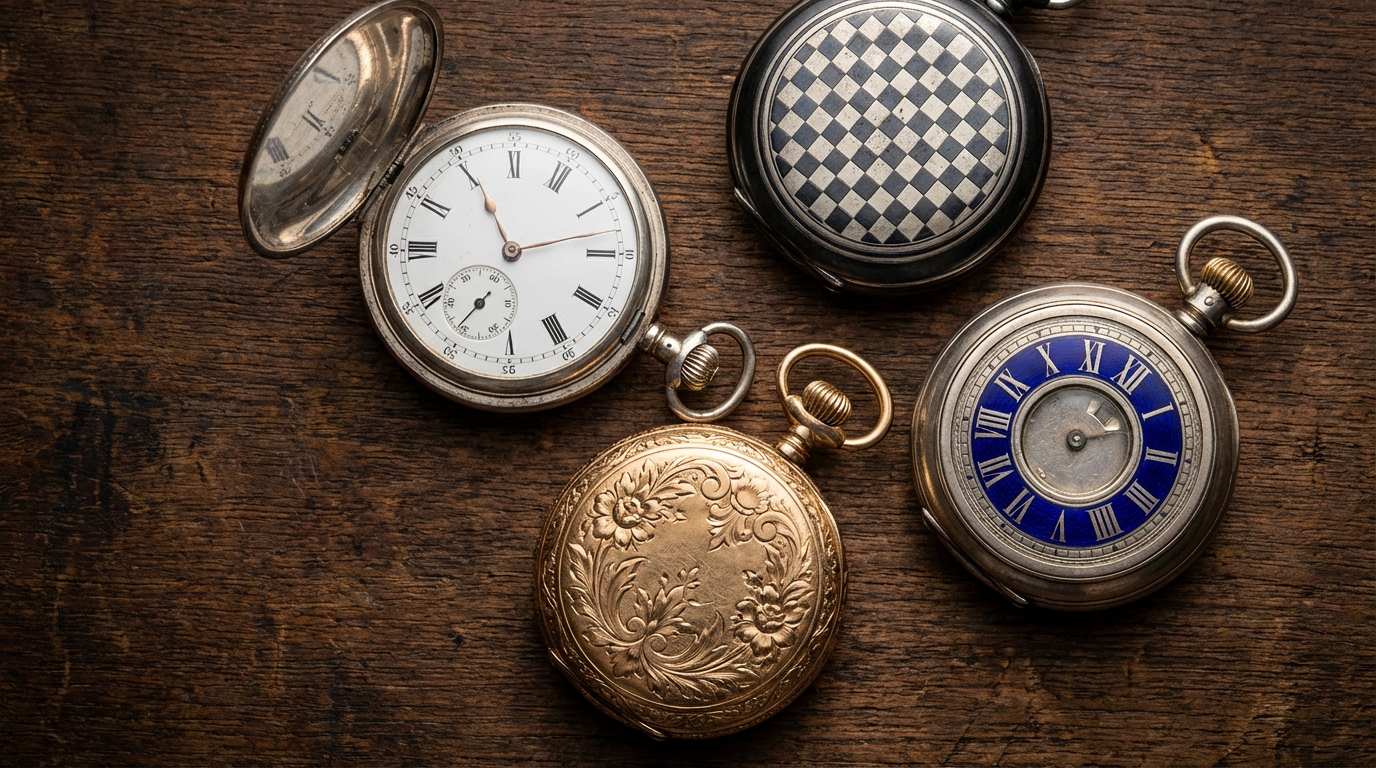 Een collectie van verschillende etuis voor zakhorloges, waaronder een hunter en een open-face model.