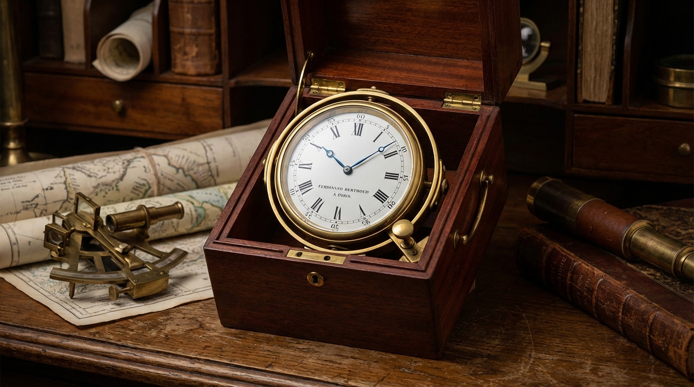 Een antieke marinechronometer van Ferdinand Berthoud in een houten kist.