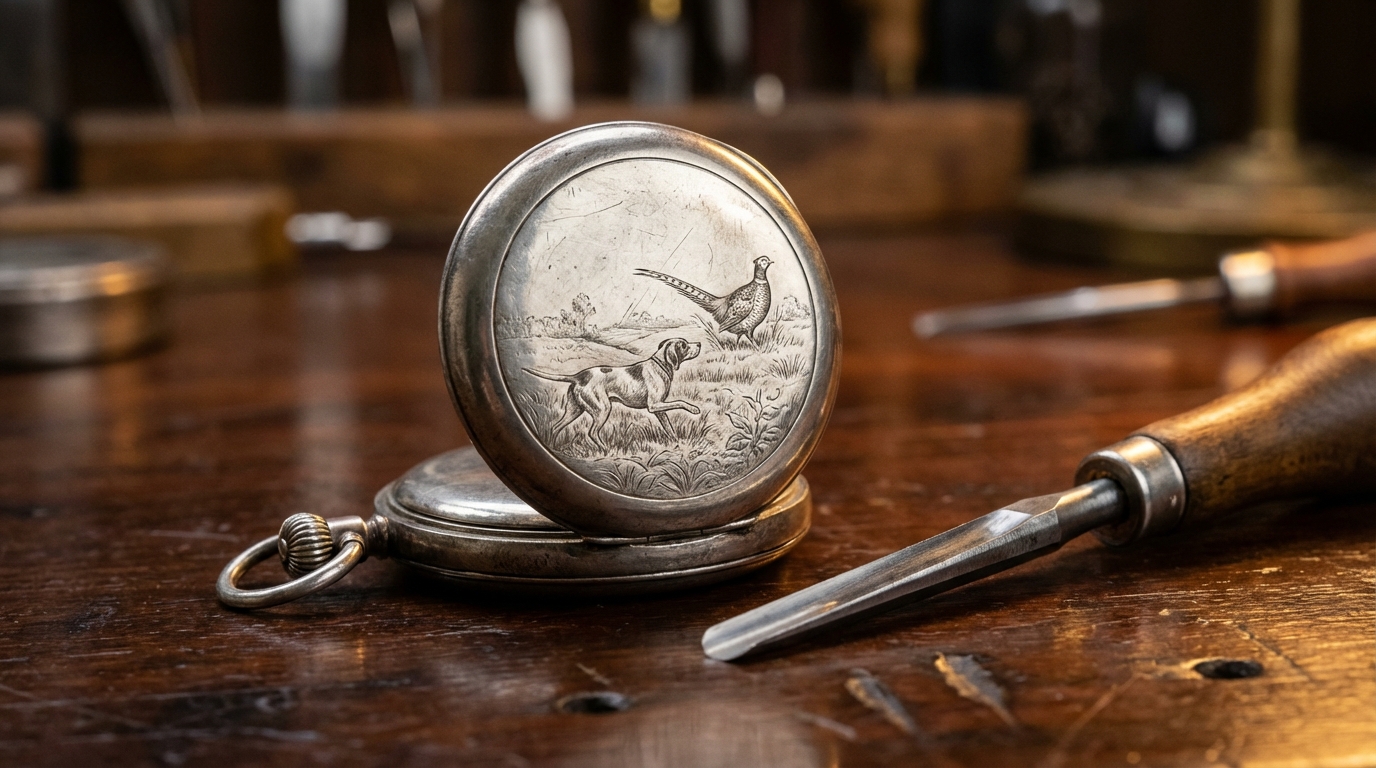 Een close-up van gedetailleerde gravures op zakhorlogekasten, met een antiek zilveren horloge en een graveerinstrument.