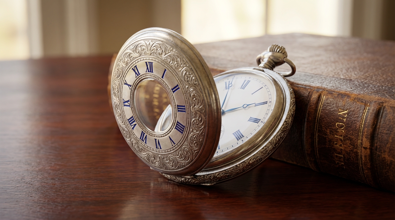 Een gedetailleerd vintage zilveren half-hunter zakhorloge op een houten tafel.