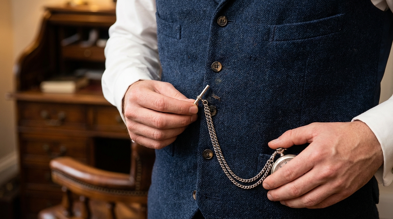 Een man in een klassiek gilet die laat zien hoe je een herenzakhorloge dragen moet door de ketting aan een knoopsgat te bevestigen.