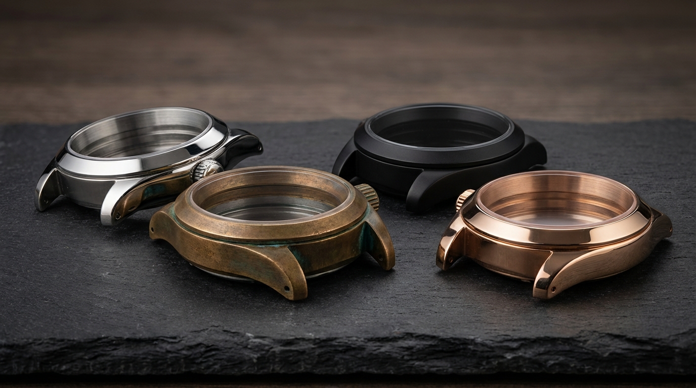 Een overzicht van verschillende horlogekasten, inclusief staal, brons en keramiek.