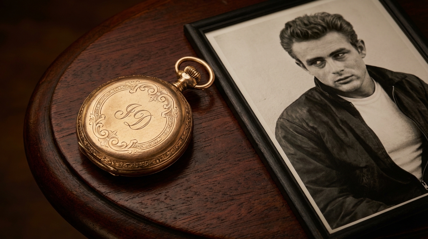 Het gouden James Dean zakhorloge, een Elgin uit 1889, met zijn initialen 'JD' gegraveerd.