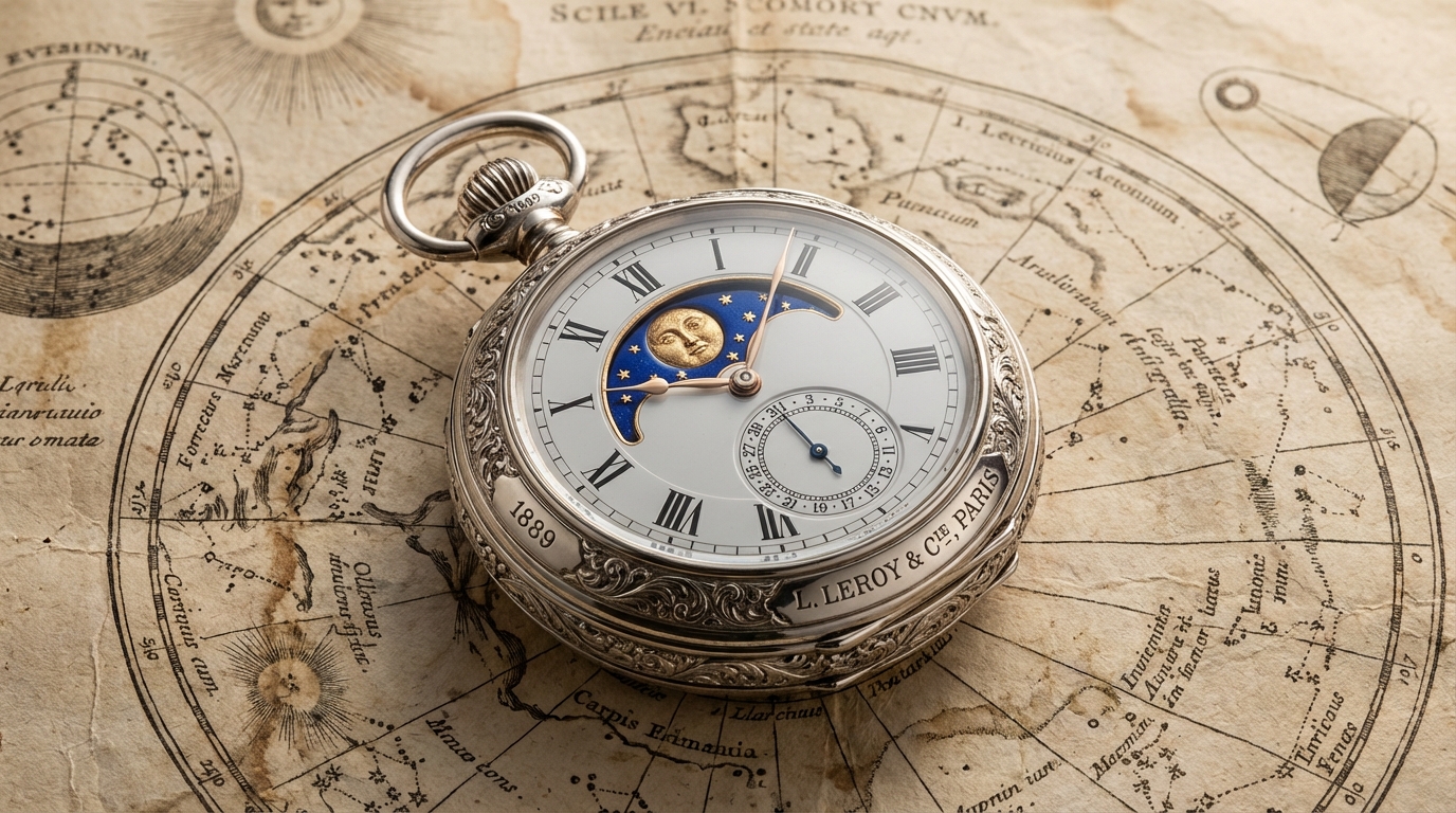 Een gedetailleerd maanfase zakhorloge op een oude sterrenkaart.