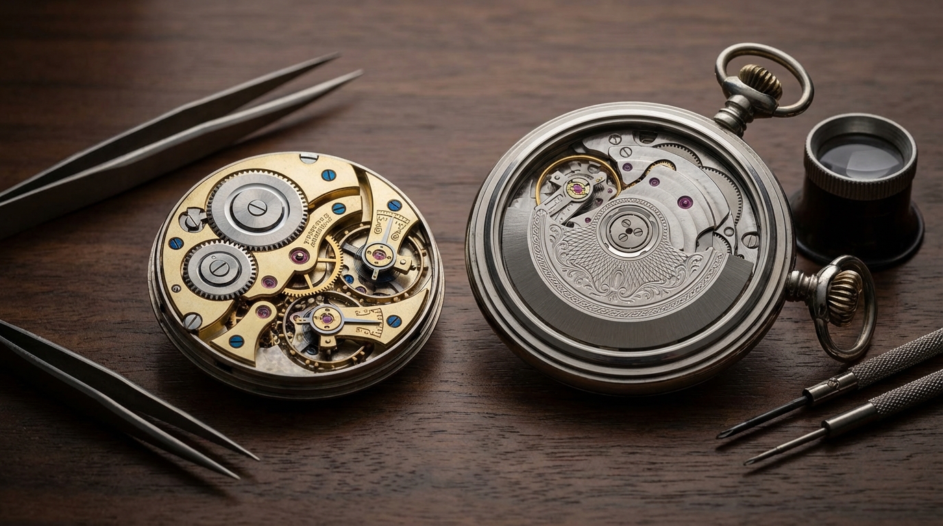 Gedetailleerd mechanische vs automatische zakhorloge uurwerk op een houten tafel