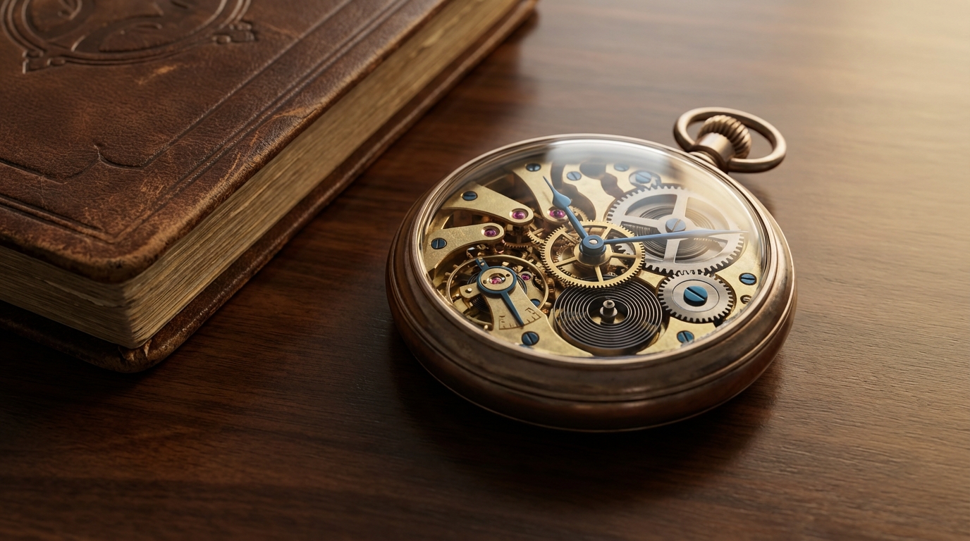 Een gedetailleerd mechanische zakhorloge met een zichtbaar uurwerk ligt op een houten tafel.