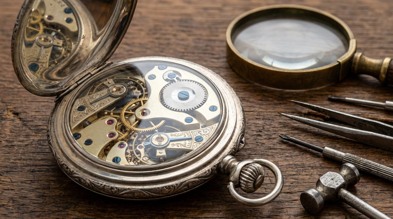 Een geopend antiek zakhorloge toont de verschillende merken zakhorloges op het uurwerk.