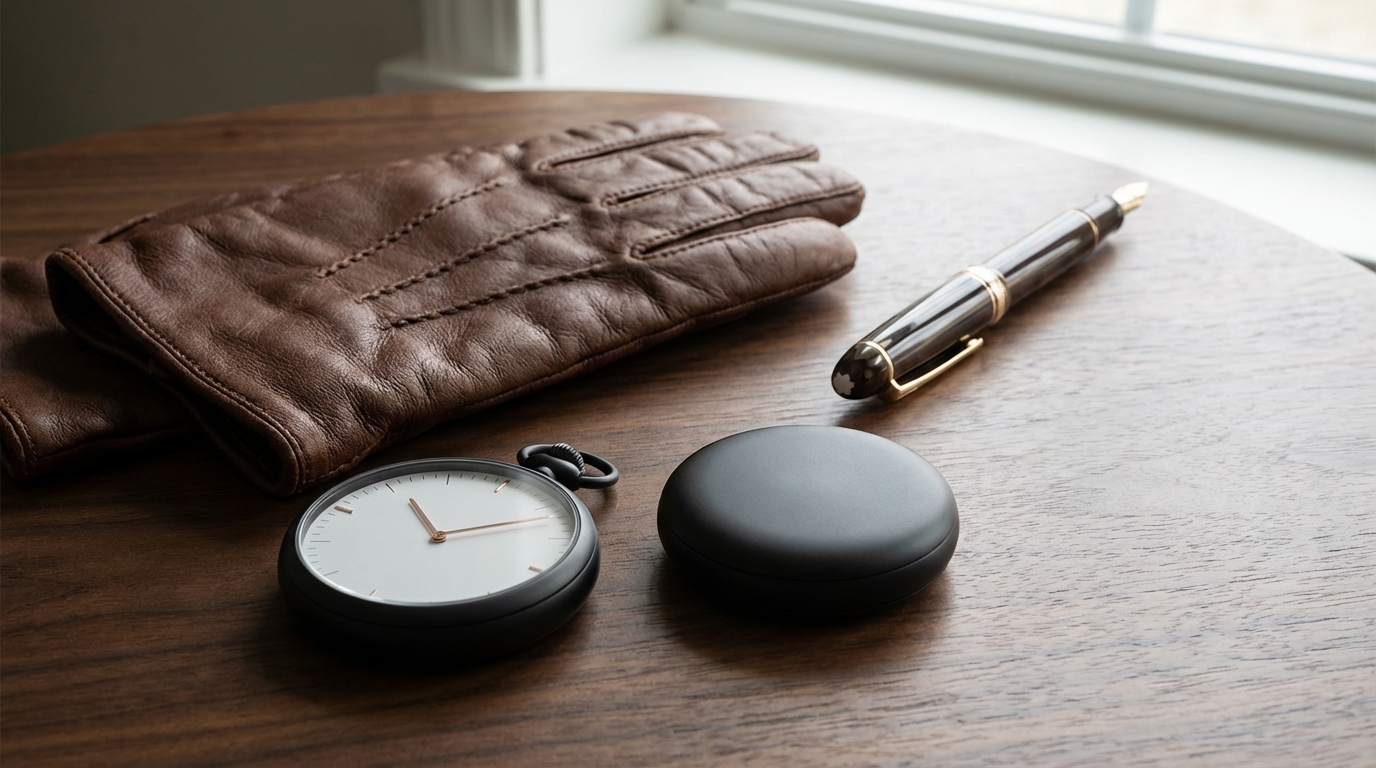 Een elegant modern zakhorloge met een minimalistisch design op een houten tafel.