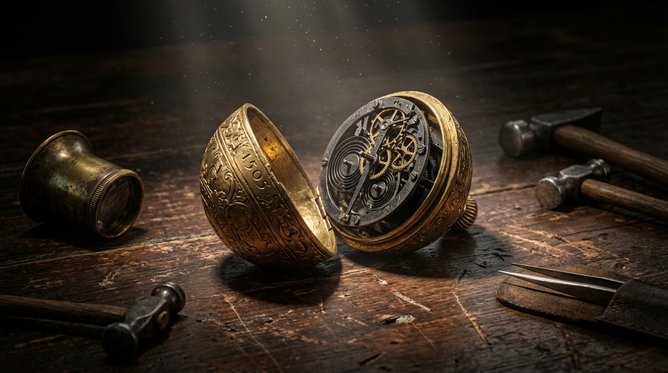 Het Pomander-horloge uit 1505, beschouwd als het oudste horloge ter wereld, op een antieke werkbank.