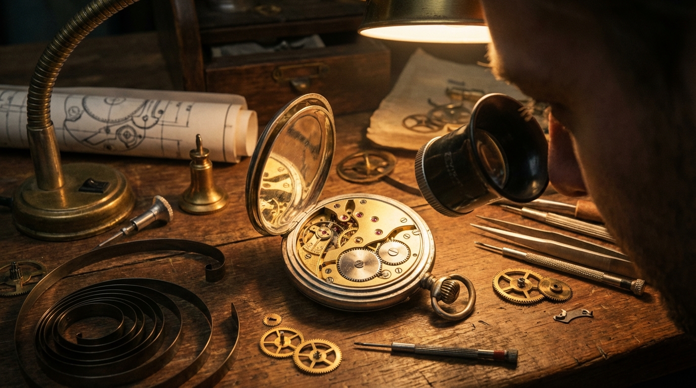 Een close-up van een antiek zakhorloge op de werkbank van een horlogemaker, een symbool voor de geschiedenis van de oudste horlogemerken.