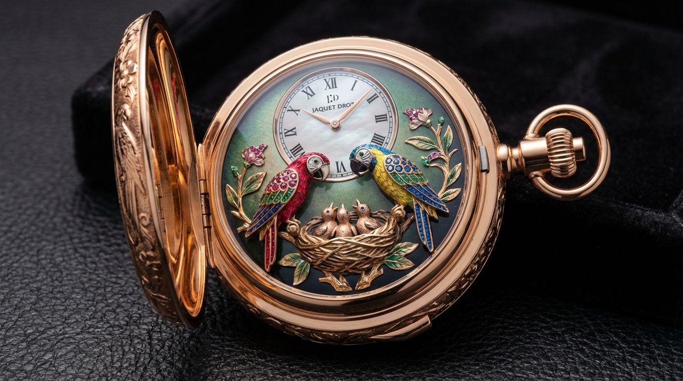 Het geopende Parrot Repeater zakhorloge van Jaquet Droz met de gedetailleerde automaat van ara's en emaille wijzerplaat.