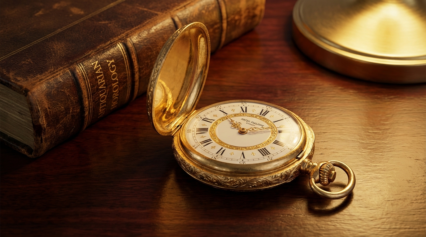 Een antiek Patek Philippe zakhorloge met gedetailleerde gravures op een houten tafel.