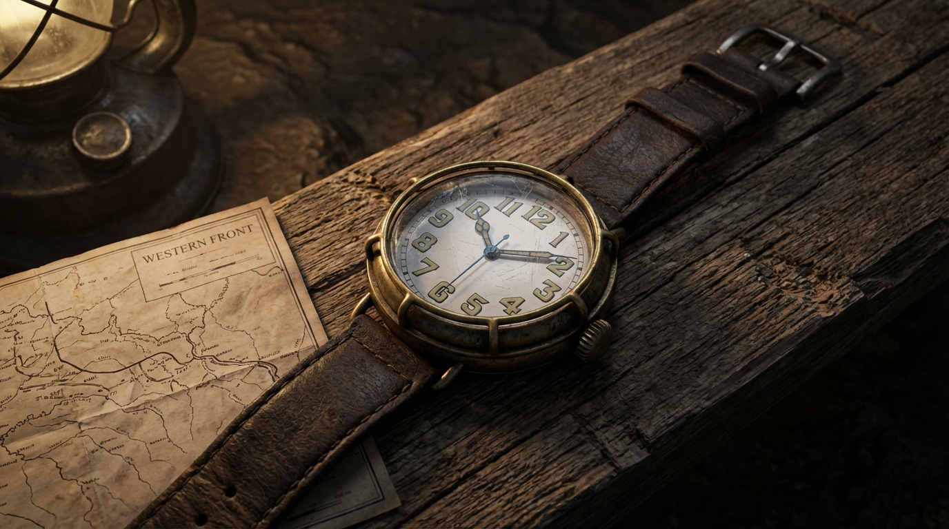 Een authentiek polshorloge uit de Eerste Wereldoorlog met een beschermend rooster op een historische achtergrond.