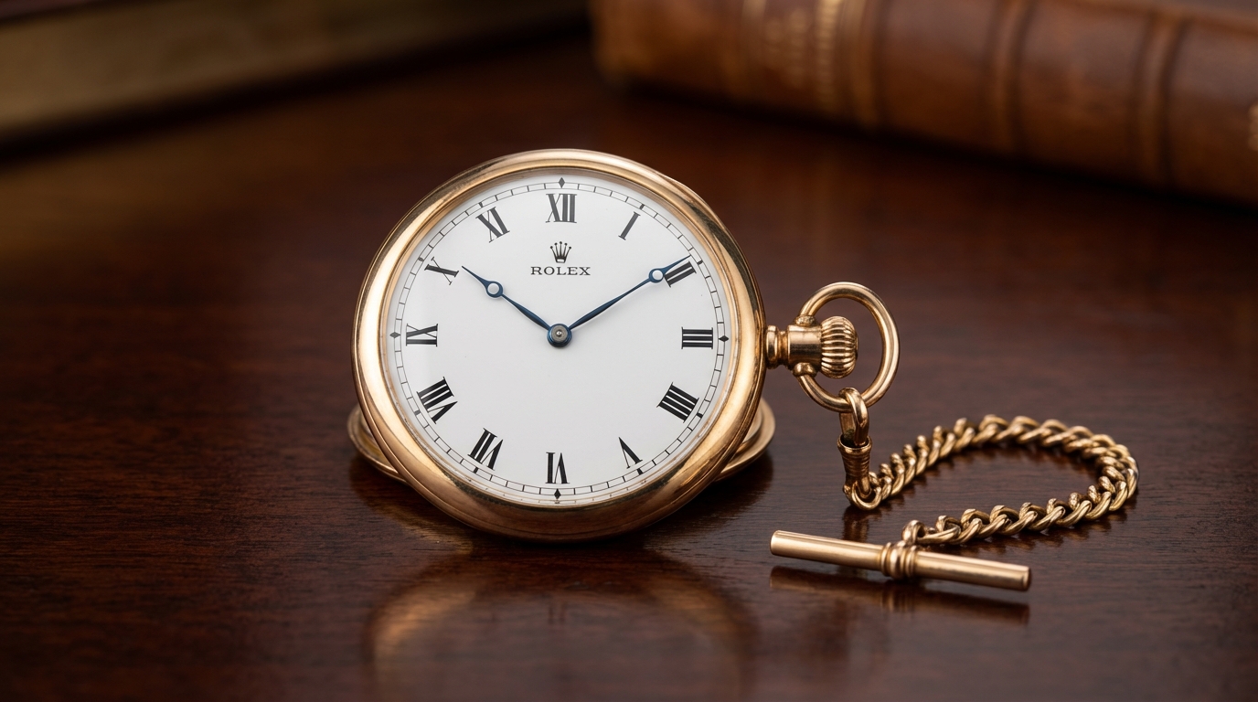 Een vintage Rolex zakhorloge uit de jaren 30 met gouden ketting.