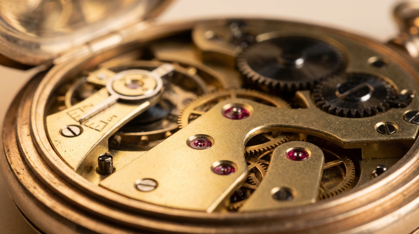 Gedetailleerd mechanisme van een rubis zakhorloge met zichtbare rode juwelen.