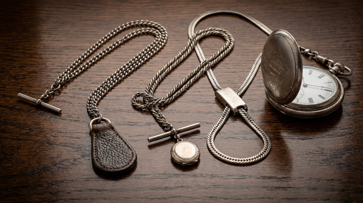 Een overzicht van verschillende soorten zakhorlogekettingen op een houten tafel.