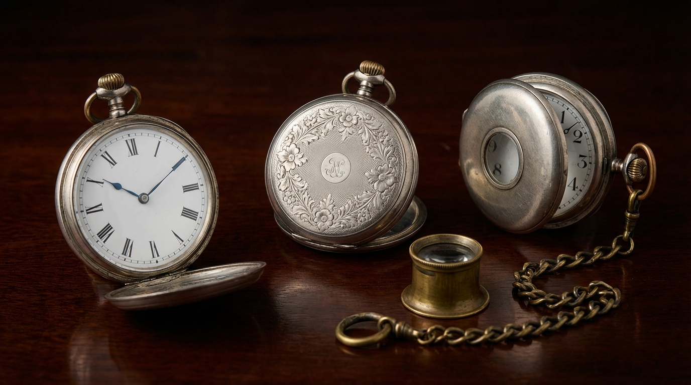 Een overzicht van verschillende soorten zakhorloges, waaronder een Lépine, Hunter en Half-Hunter model.