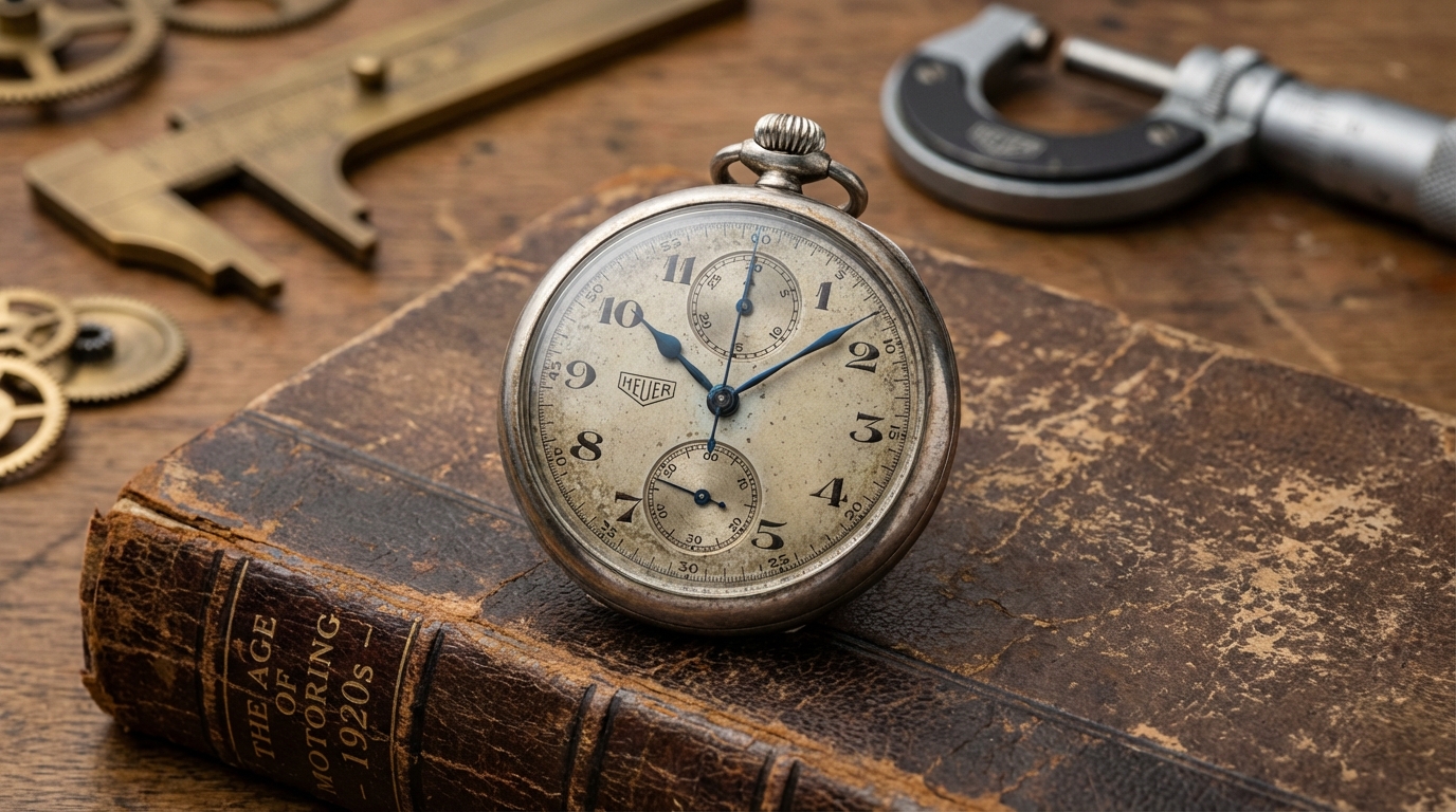 Een vintage Tag Heuer zakhorloge chronograaf, een symbool van Zwitserse precisie.