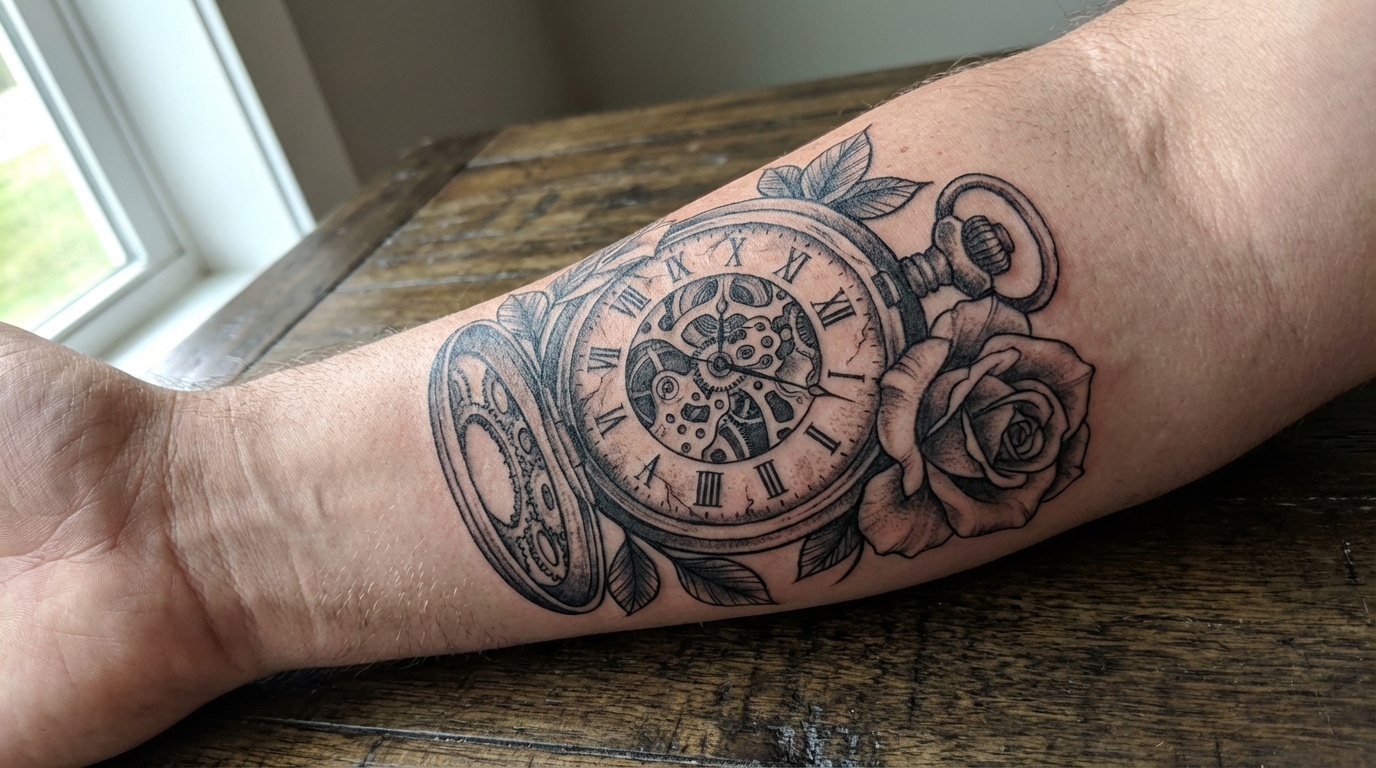 Een gedetailleerde tattoo zakhorloge in black and grey stijl met een roos op een onderarm.