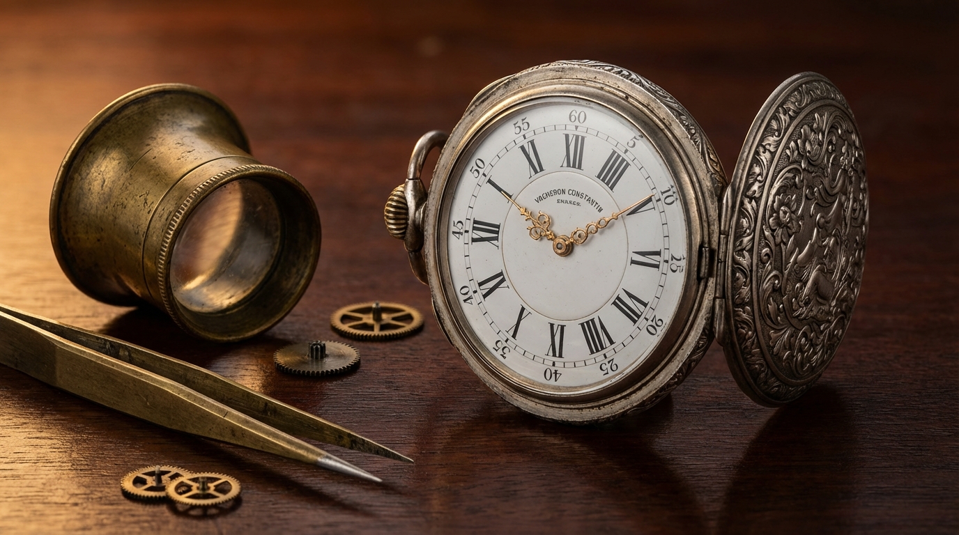 Een antiek zilveren Vacheron Constantin zakhorloge met gedetailleerde graveringen op een werkbank.