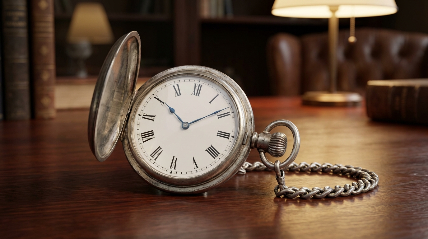 Een prachtig zilveren vintage zakhorloge met Romeinse cijfers, liggend op een houten tafel.