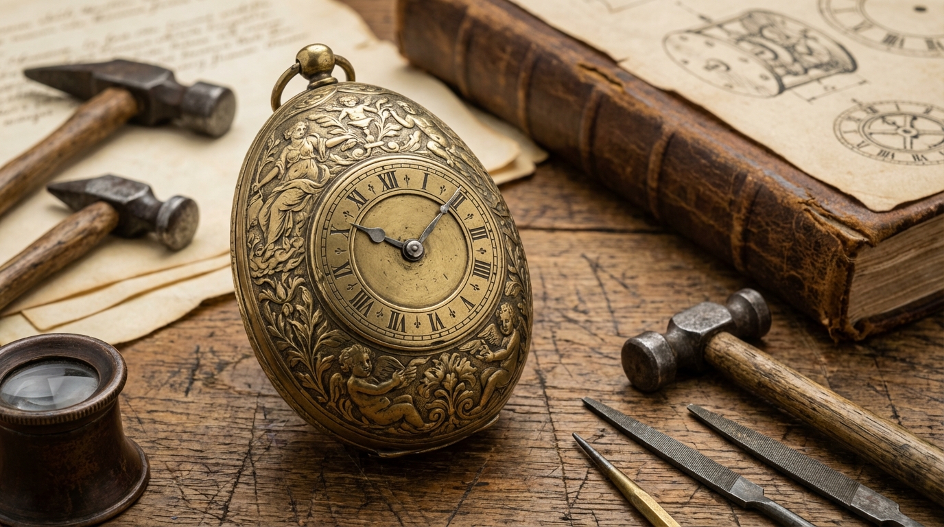 Een antiek Neurenbergs Ei, een vroeg voorbeeld van de zoektocht naar wie het zakhorloge heeft uitgevonden.