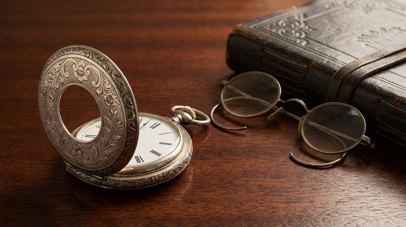 Een vintage zilveren zakhorloge met gravures, symbool voor de rijke geschiedenis van het uurwerk.