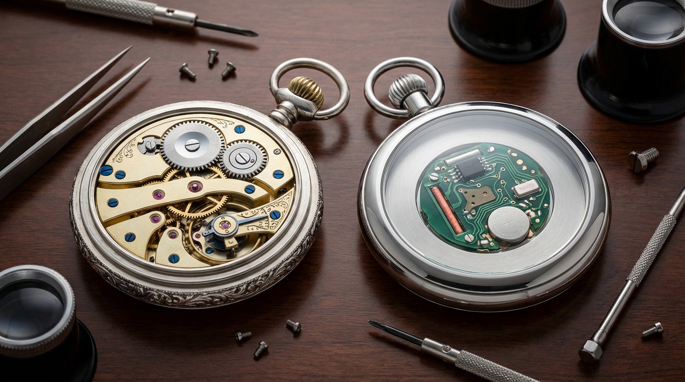 Een mechanisch zakhorloge naast een kwarts zakhorloge om het verschil in uurwerk te tonen.