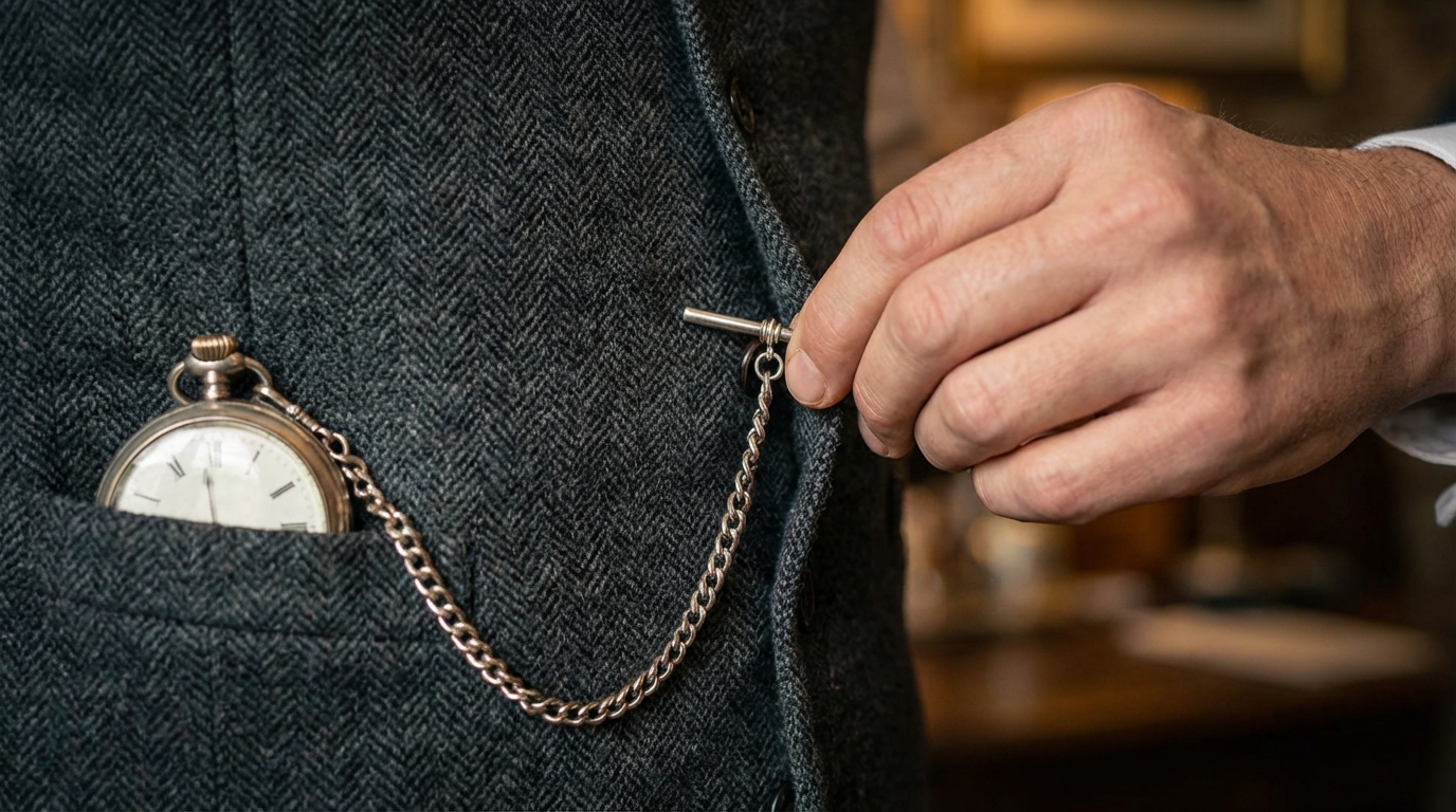 Een persoon die een zilveren zakhorloge ketting aan een gilet aan het bevestigen is.