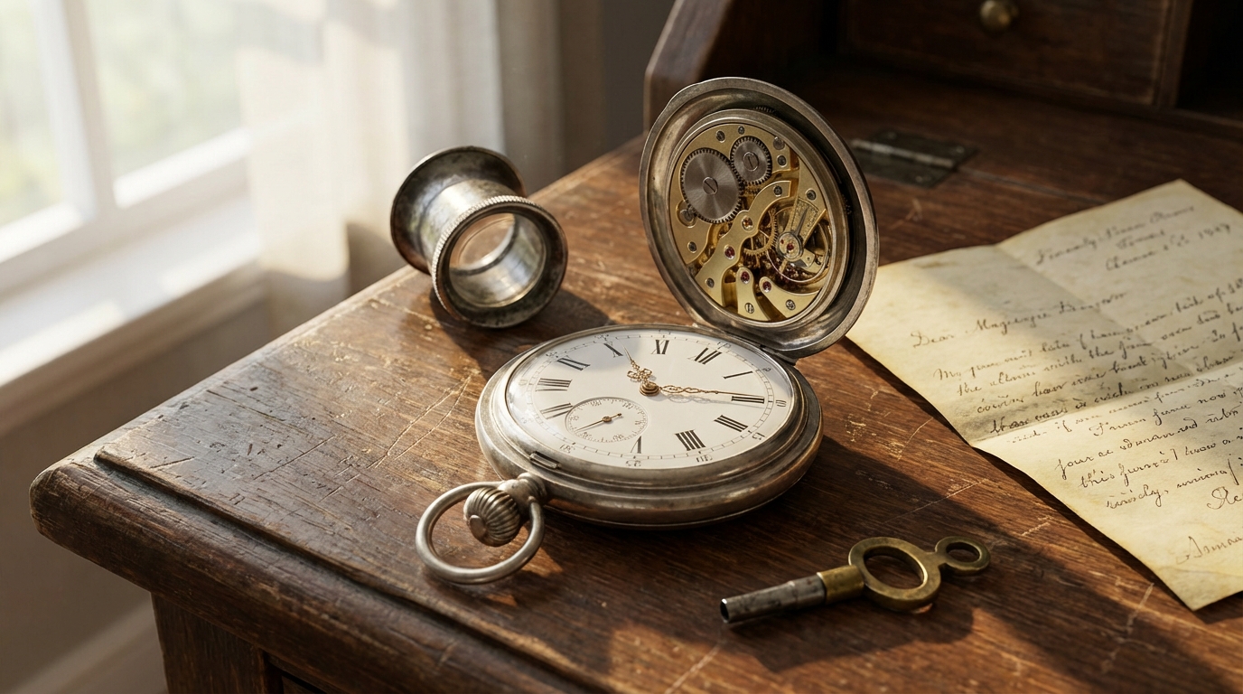 Een antiek zakhorloge dat wordt onderzocht om met een zakhorloge dateren proces de leeftijd te bepalen, met een loep en oude documenten.
