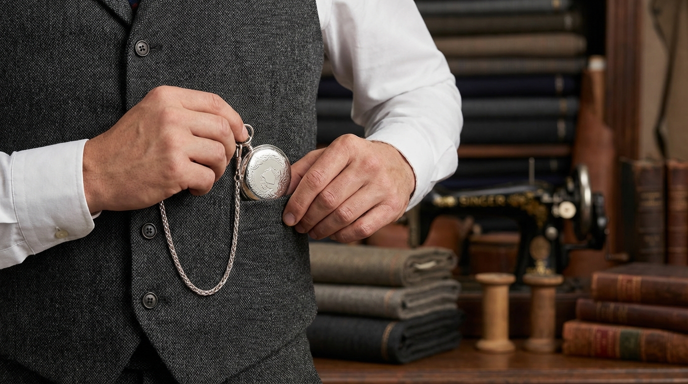Een man die in stijl een zakhorloge met ketting in zijn gilet steekt.