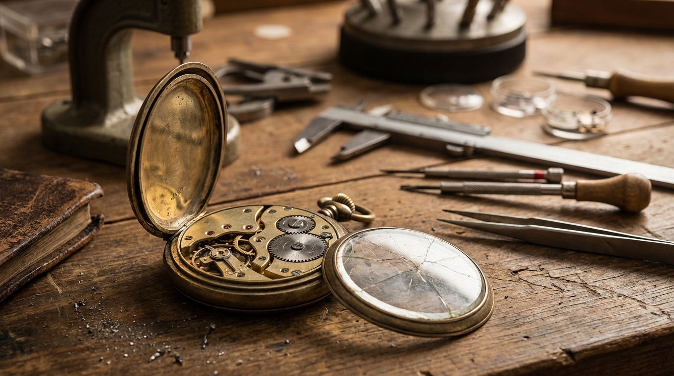 Een horlogemaker die bezig is met een zakhorloge glas vervangen op een werkbank vol gereedschap.