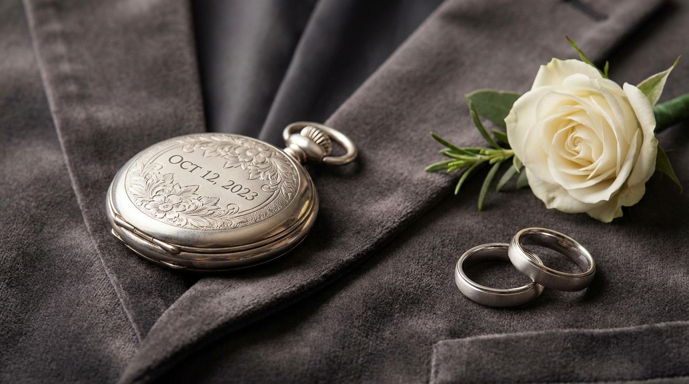 Een gegraveerd zakhorloge voor een huwelijk, liggend op een gilet met trouwringen.