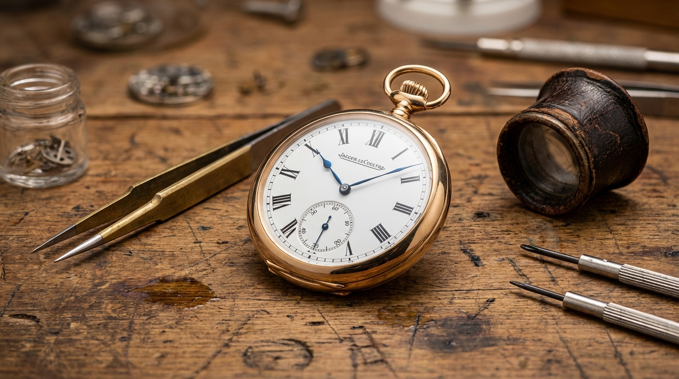 Een vintage gouden zakhorloge van Jaeger LeCoultre op een werkbank van een horlogemaker.