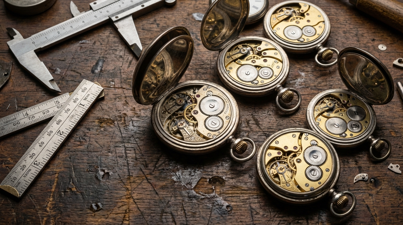 Een gedetailleerde zakhorloge maattabel met verschillende antieke zakhorloges en meetinstrumenten.