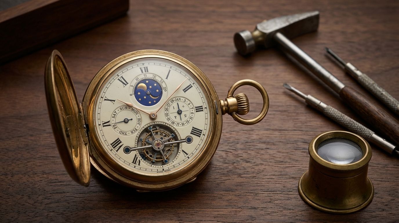 Een close-up van een antiek zakhorloge met complicaties, met een zichtbare tourbillon en eeuwigdurende kalender.