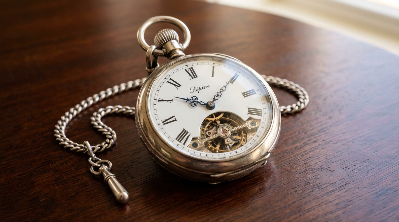 Een elegant zilveren zakhorloge met open wijzerplaat en zichtbaar mechanisme.