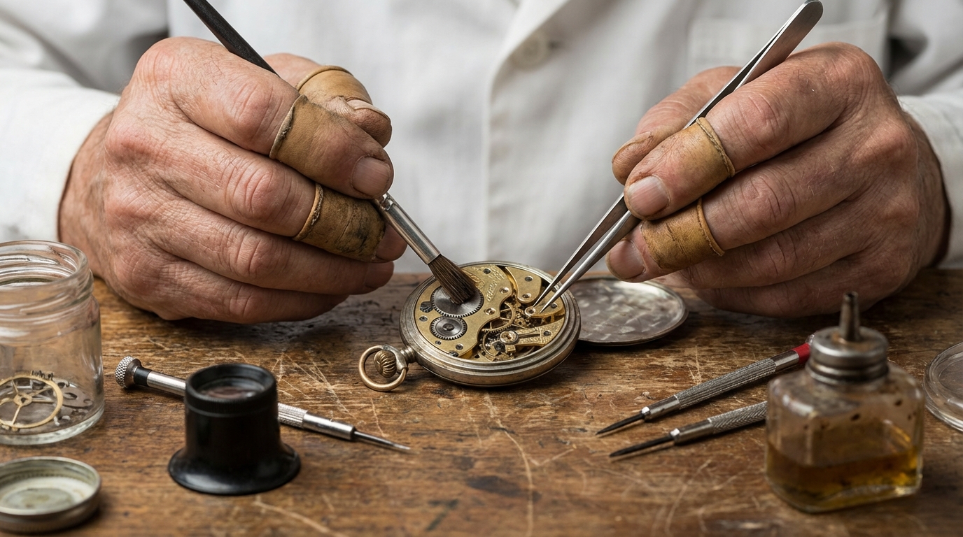 Een horlogemaker die zorgvuldig een antiek zakhorloge onderhouden met professioneel gereedschap.