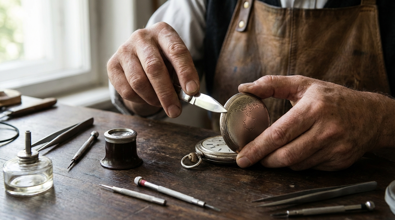 Een horlogemaker is bezig met een antiek zakhorloge openen op een werkbank vol gereedschap.