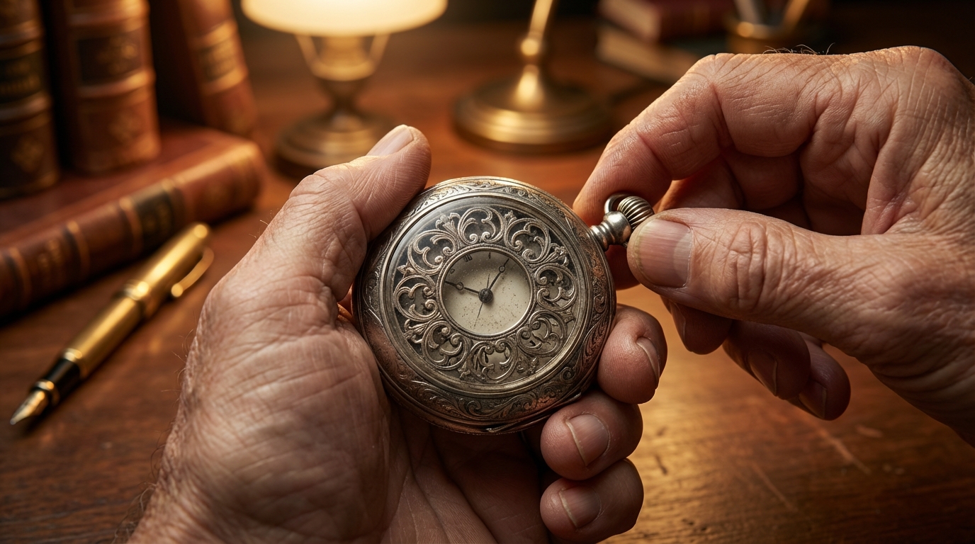 Een close-up van handen die een antiek zilveren zakhorloge opwinden door aan de kroon te draaien.