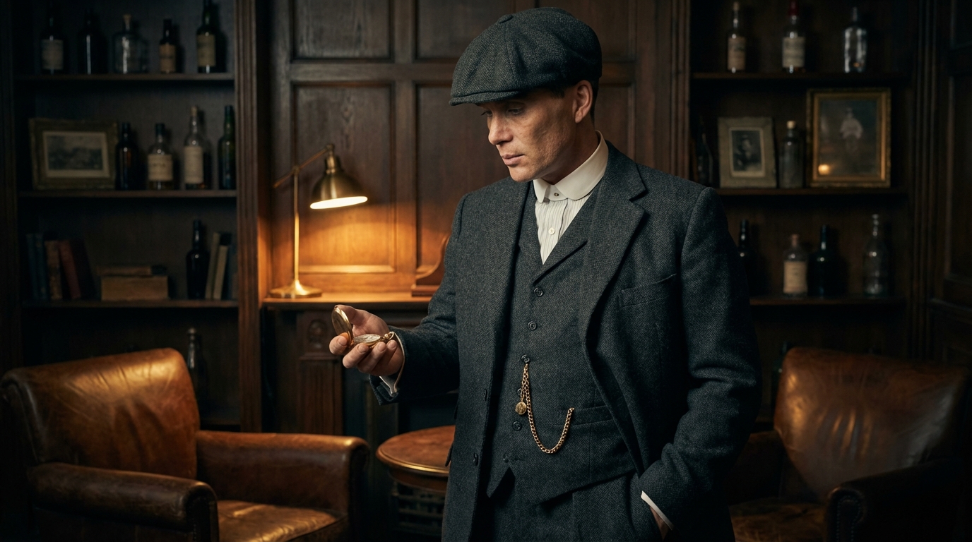 Een man in een Peaky Blinders kostuum die zijn zakhorloge Peaky Blinders stijl controleert.