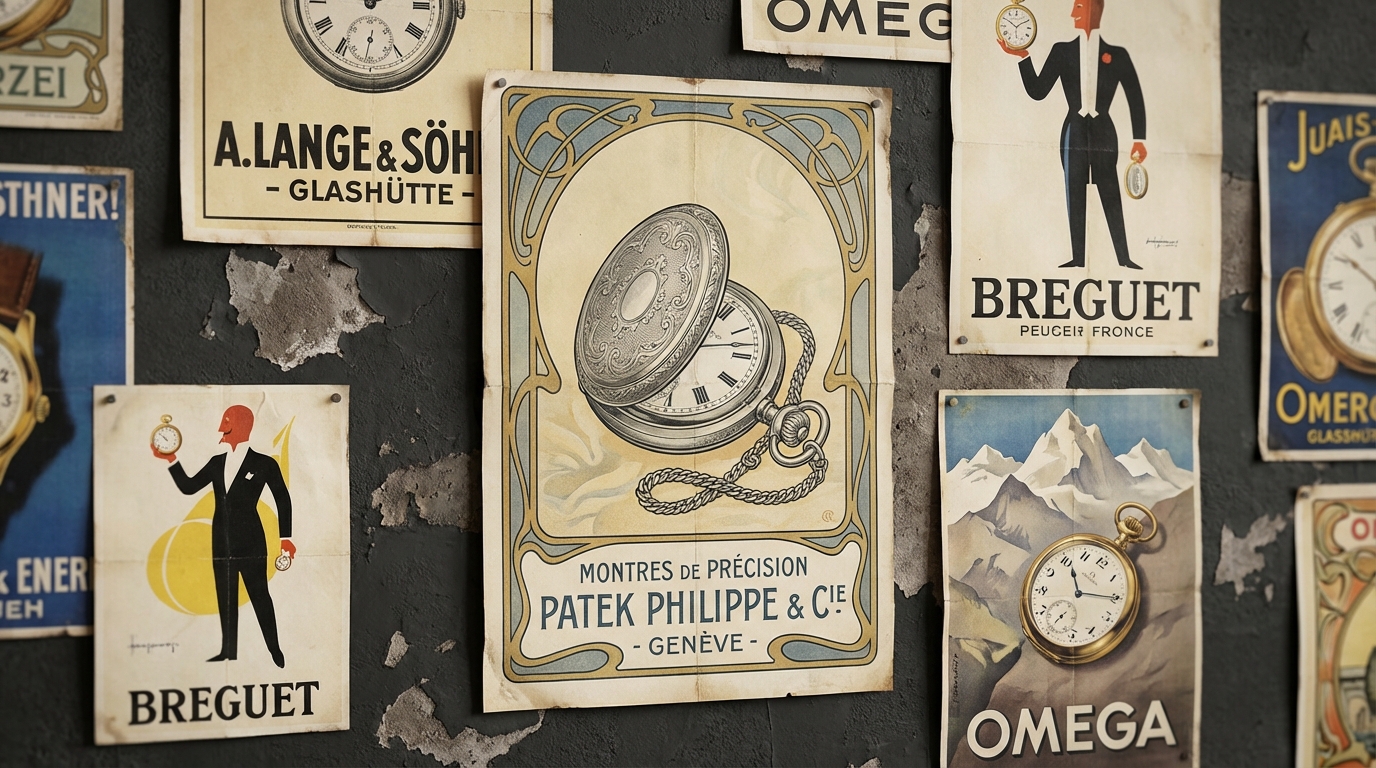 Een collectie van vintage posters die de kunst van zakhorloge reclame tonen.