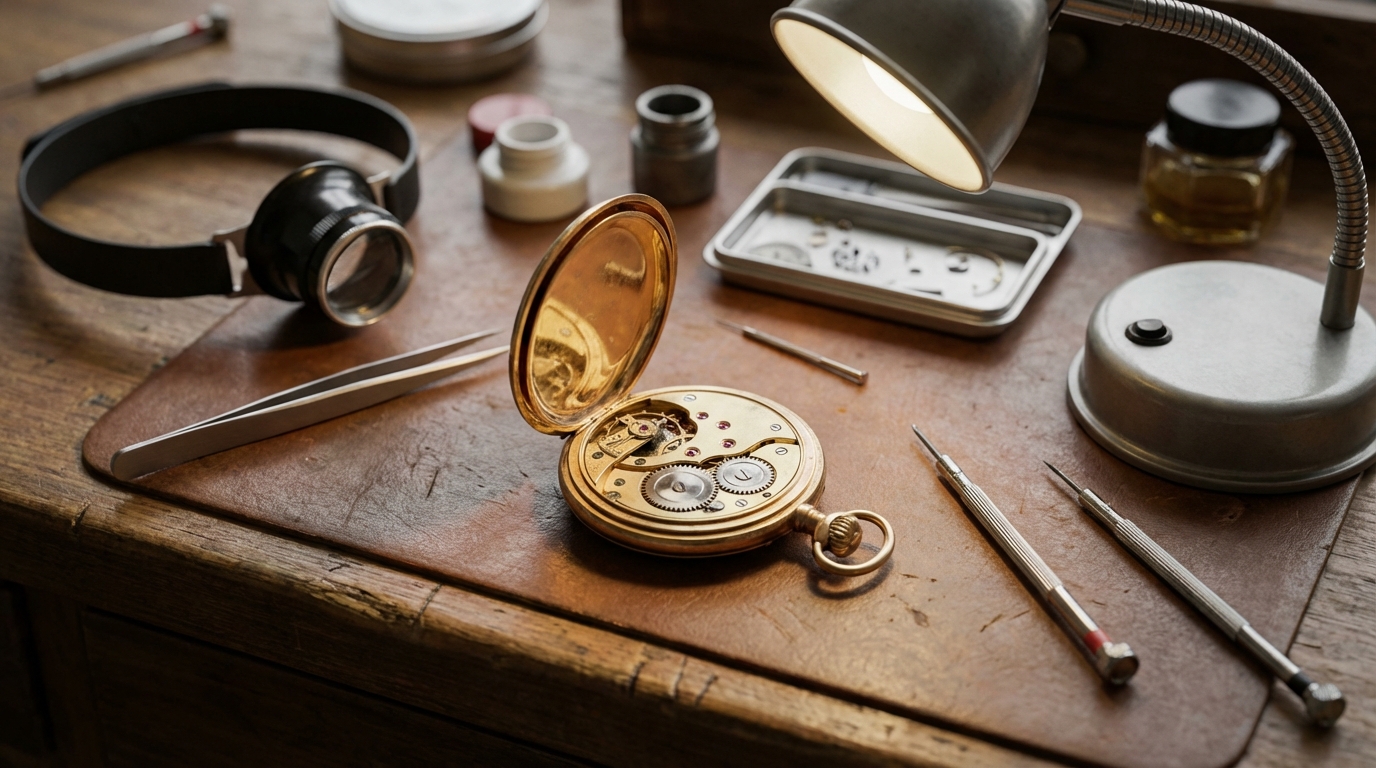 Een open antiek zakhorloge op een werkbank tijdens een zakhorloge reparatie, omringd door professioneel gereedschap.