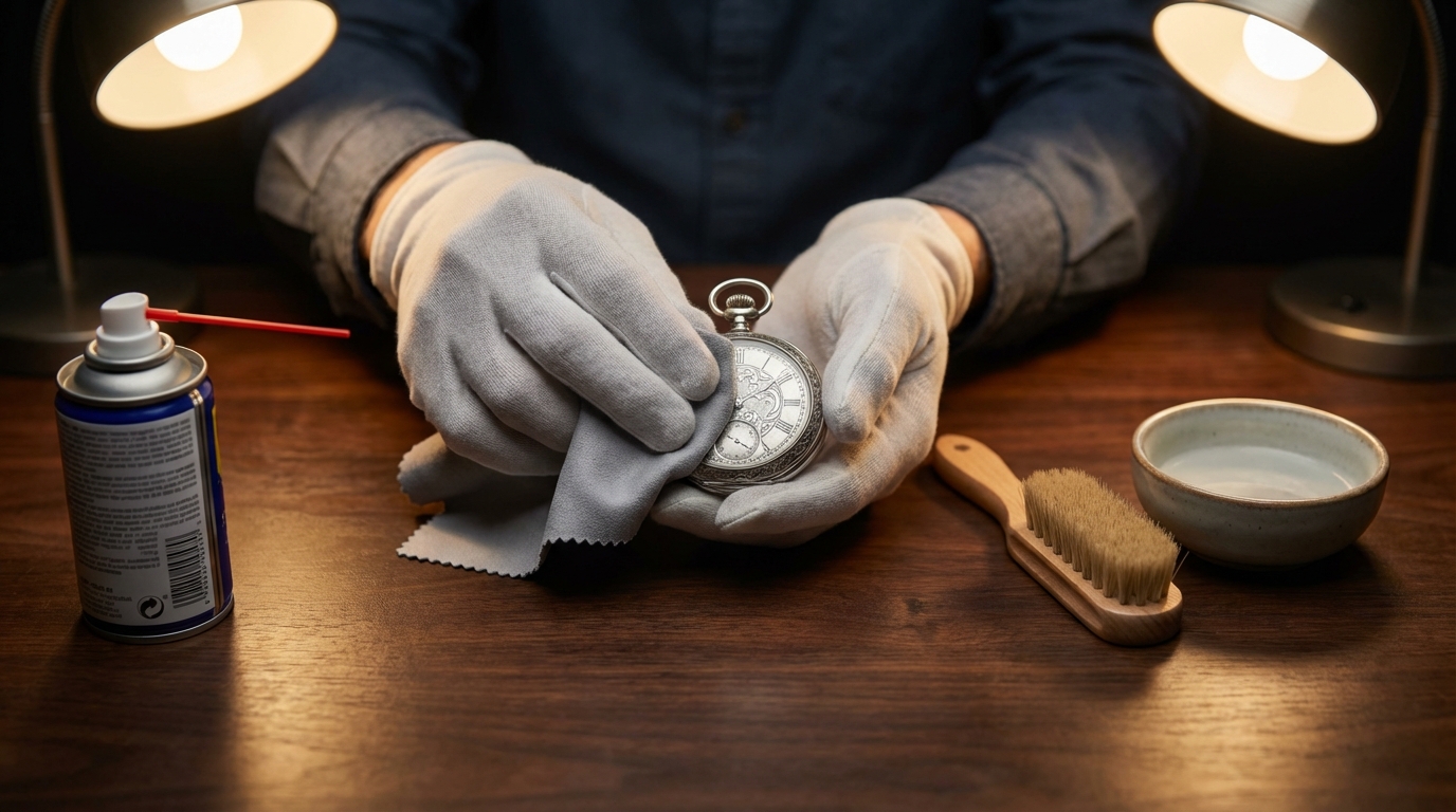 Een vintage zakhorloge schoonmaken met een microvezeldoek en professionele hulpmiddelen.