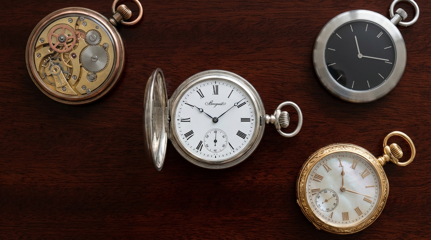 Een overzicht van verschillende zakhorloge stijlen op een houten tafel.