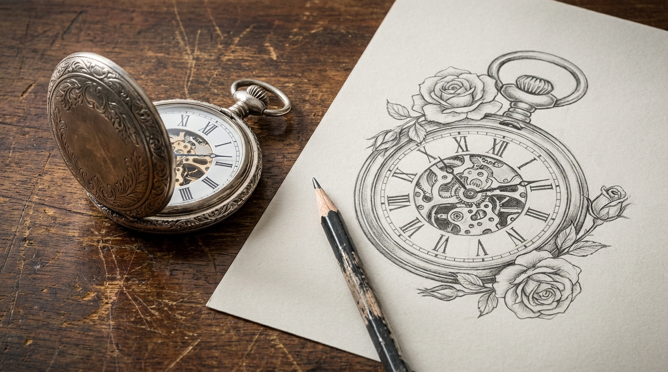 Een gedetailleerde zakhorloge tekening naast een echt zakhorloge, als inspiratie voor kunstenaars.